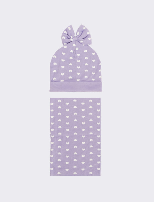 Set cappello e collo stampa cuori - Lilla