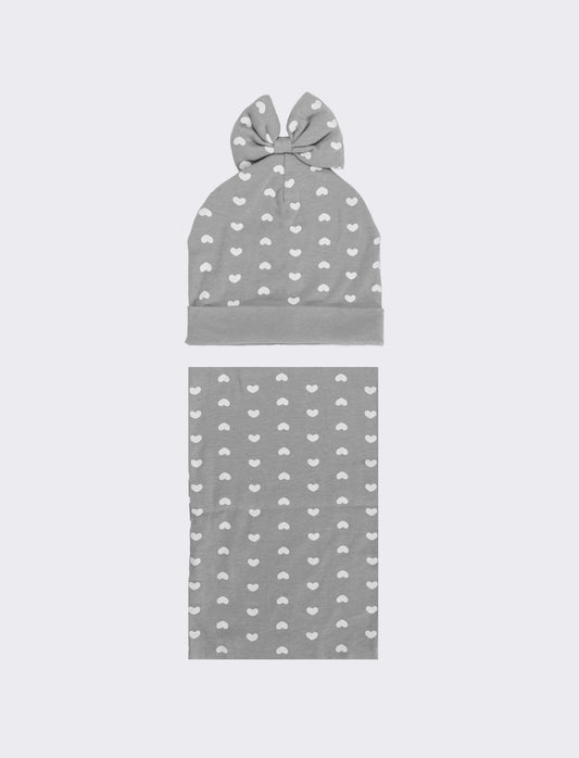 Set cappello e collo stampa cuori - Grigio