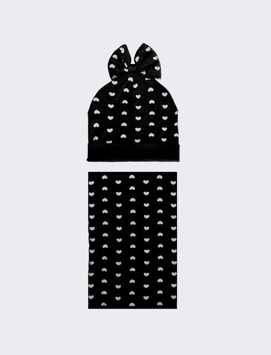 Set cappello e collo stampa cuori - Nero