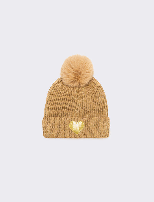 Cappello con pon pon a cuore glitter - Beige