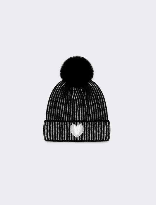 Cappello con pon pon a cuore glitter - Nero