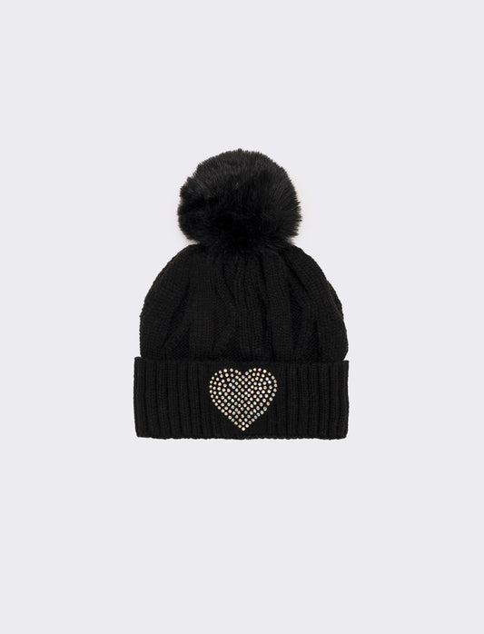 Cappello con pon pon e borchie - Nero
