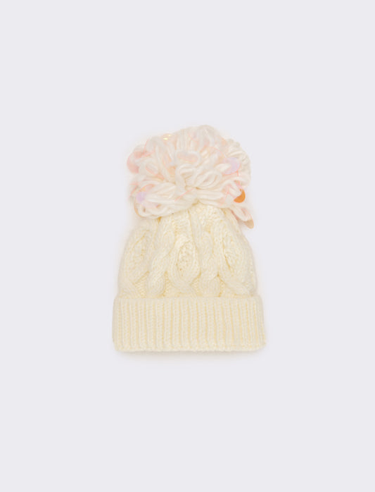 Cappello paillettes grandi pon pon - Bianco sporco