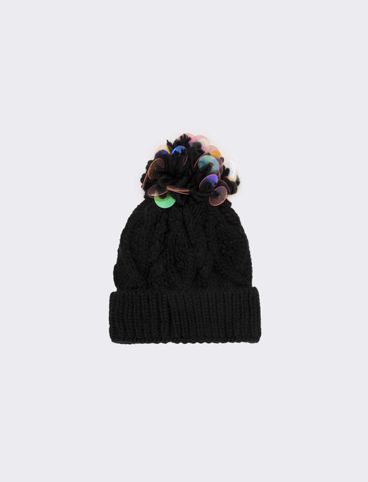 Cappello paillettes grandi pon pon - Nero