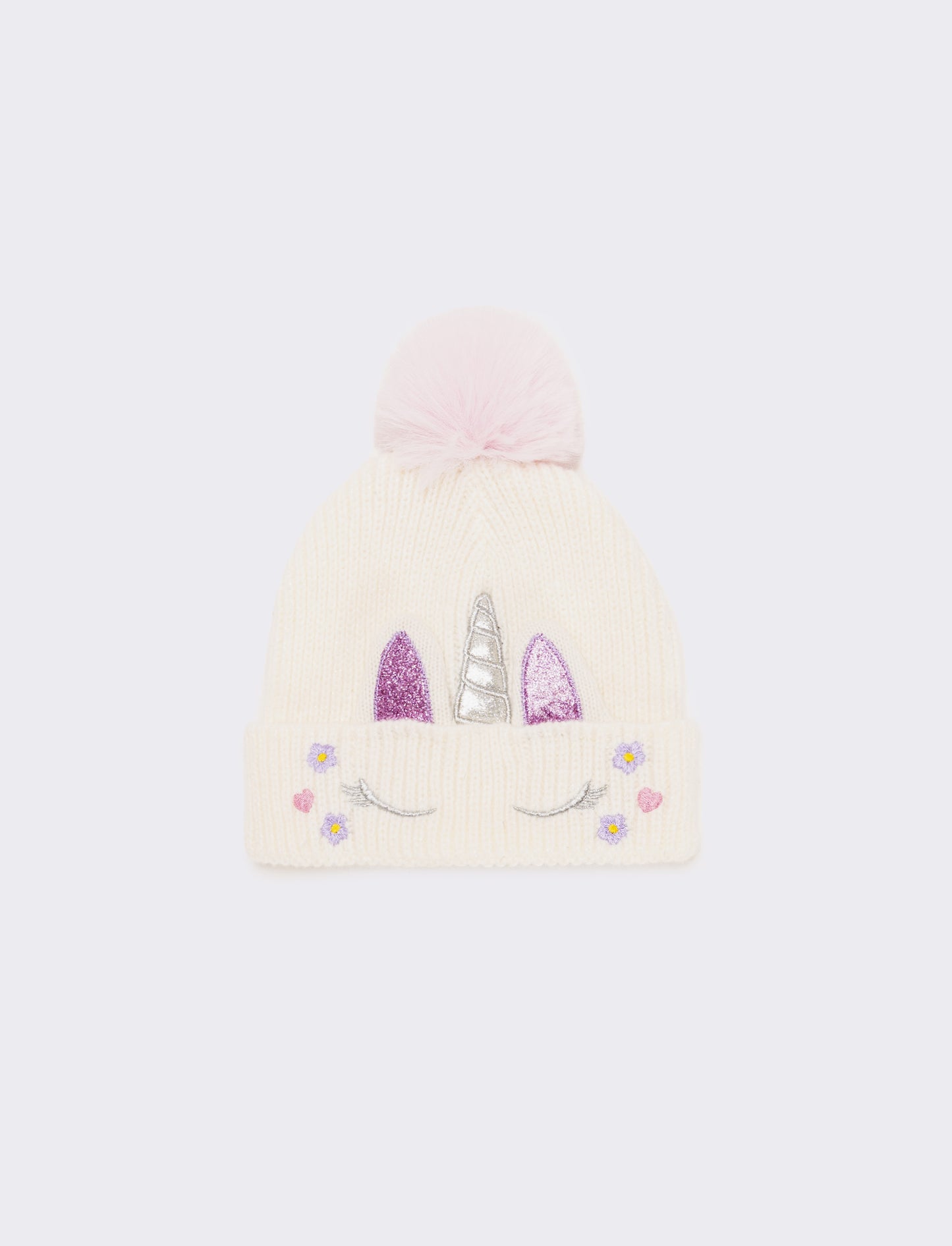 Cappello con risvolto con unicorno e pon pon - Bianco sporco