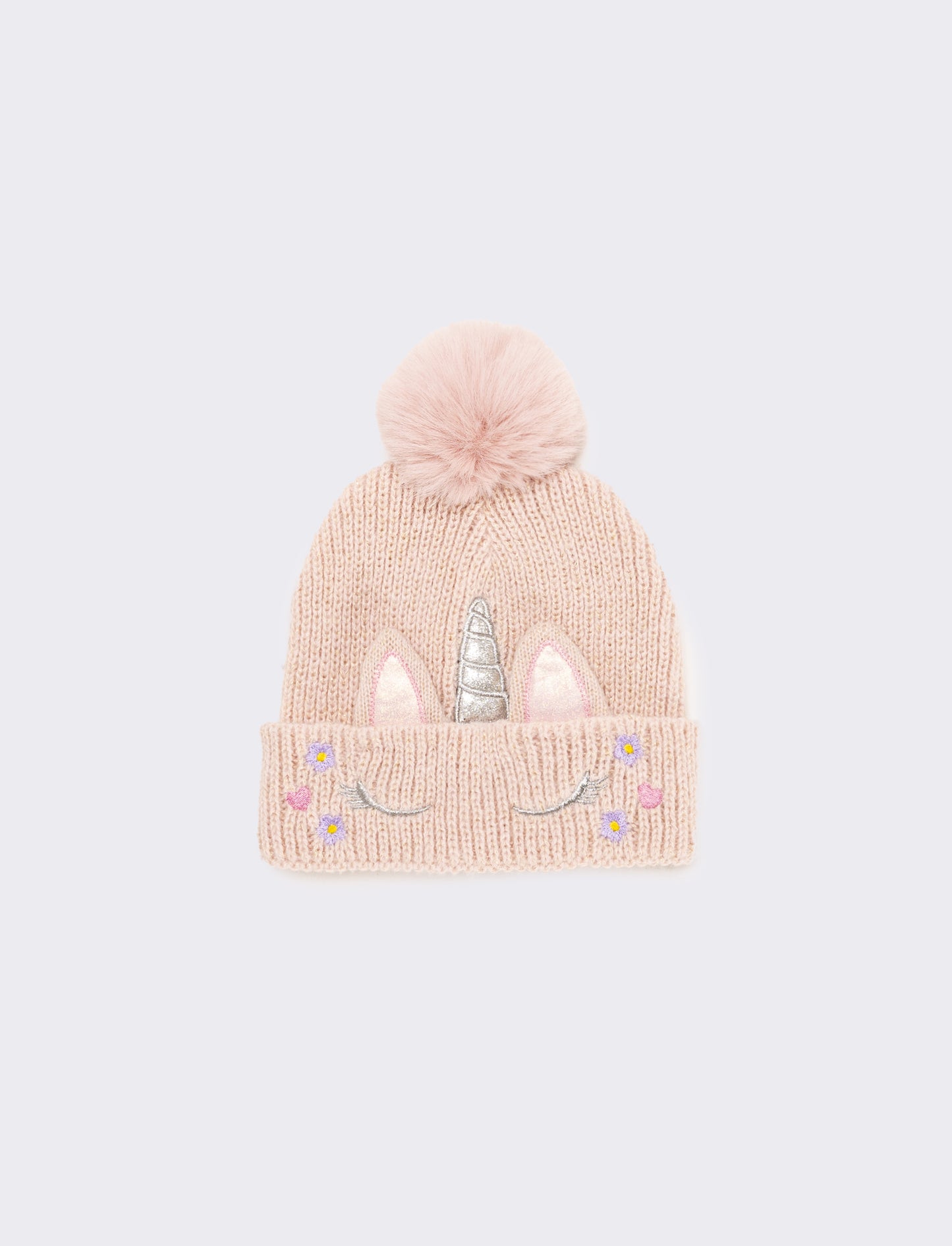 Cappello con risvolto con unicorno e pon pon - Rosa