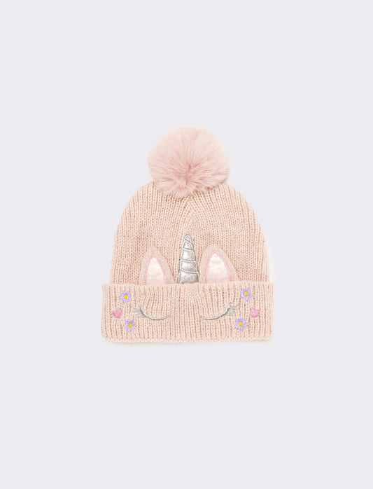 Cappello con risvolto con unicorno e pon pon - Rosa