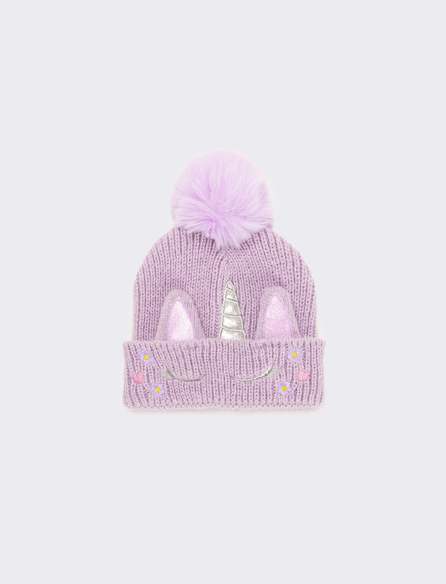 Cappello con risvolto con unicorno e pon pon - Lilla