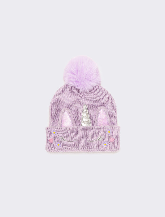 Cappello con risvolto con unicorno e pon pon - Lilla