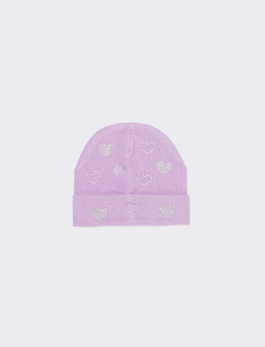 Cappello con risvolto cuori strass in vetro - Lilla