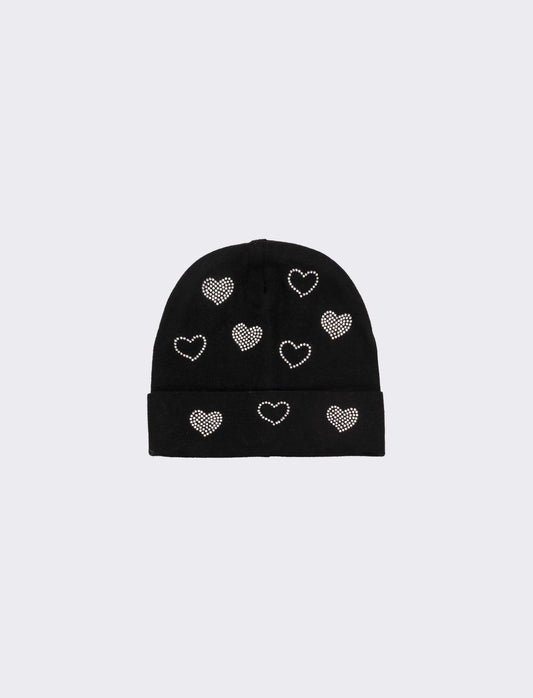 Cappello con risvolto cuori strass in vetro - Nero