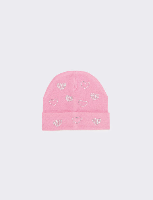 Cappello con risvolto cuori strass in vetro - Rosa