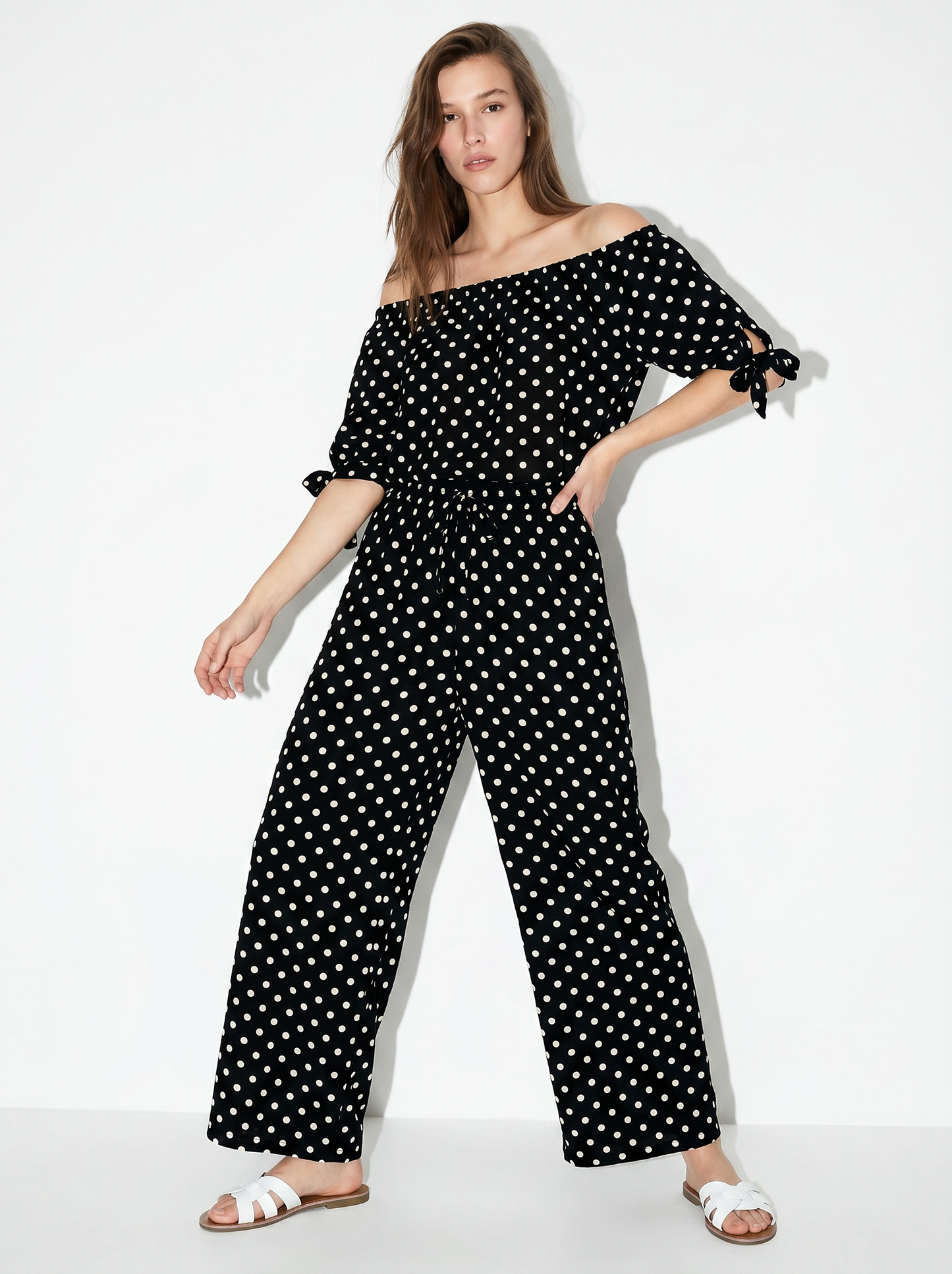 Pantaloni morbidi con coulisse in vita - Nero-bianco