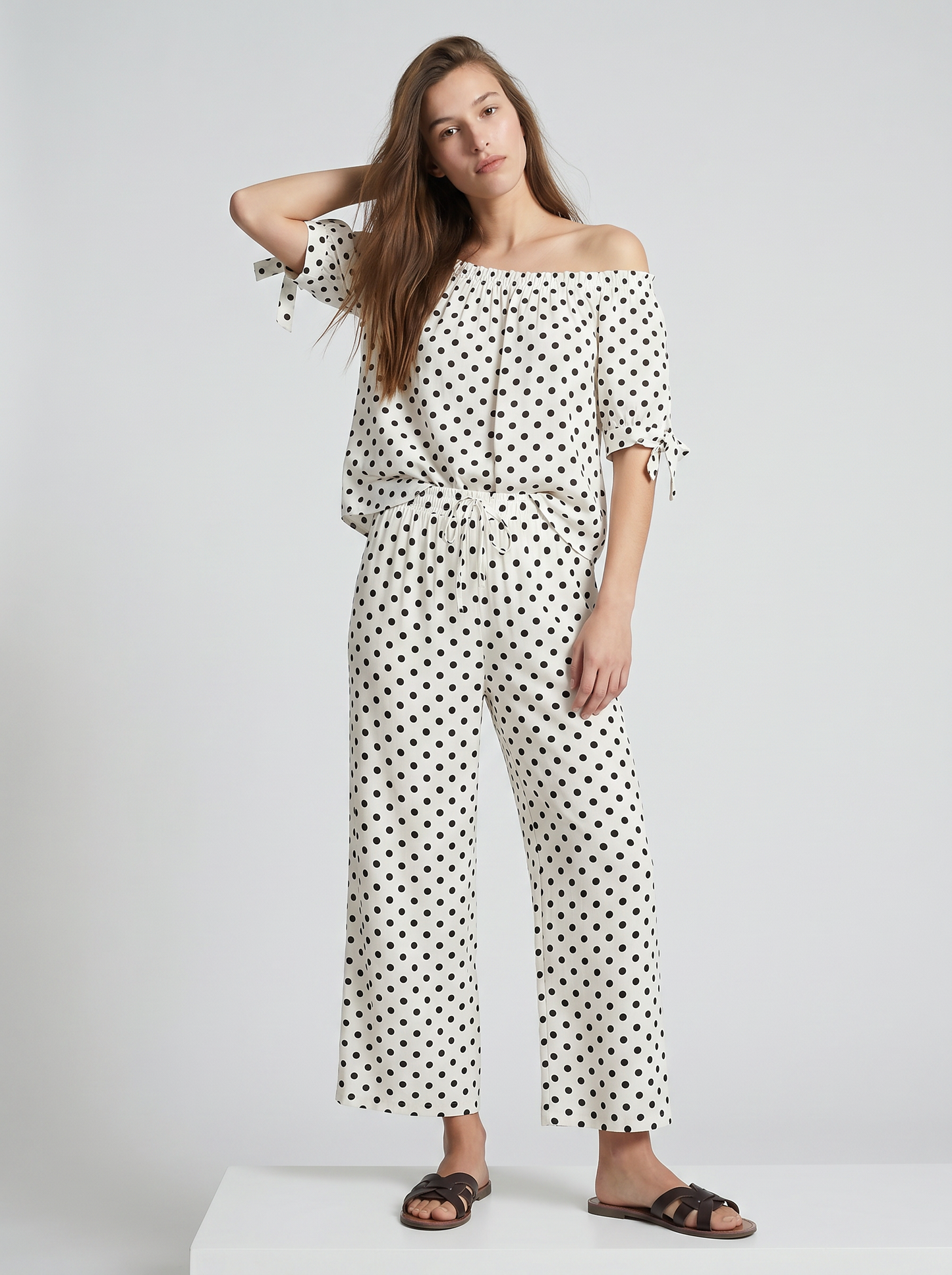 Pantaloni morbidi con coulisse in vita - Bianco-nero