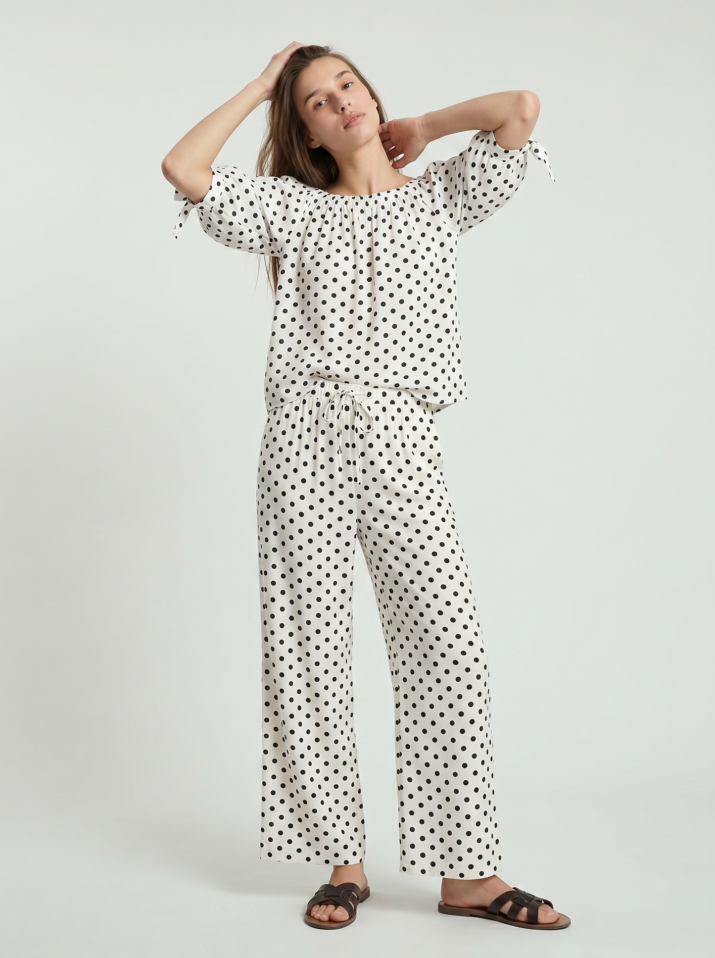 Pantaloni morbidi con coulisse in vita - Bianco-nero