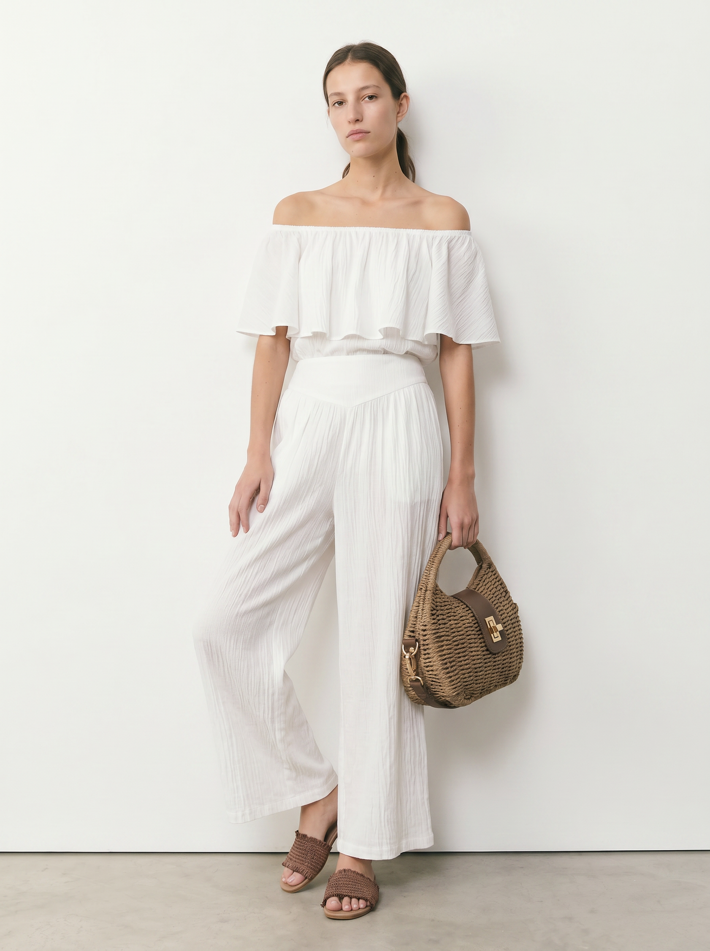 Pantalone viscosa largo con bustino - Bianco