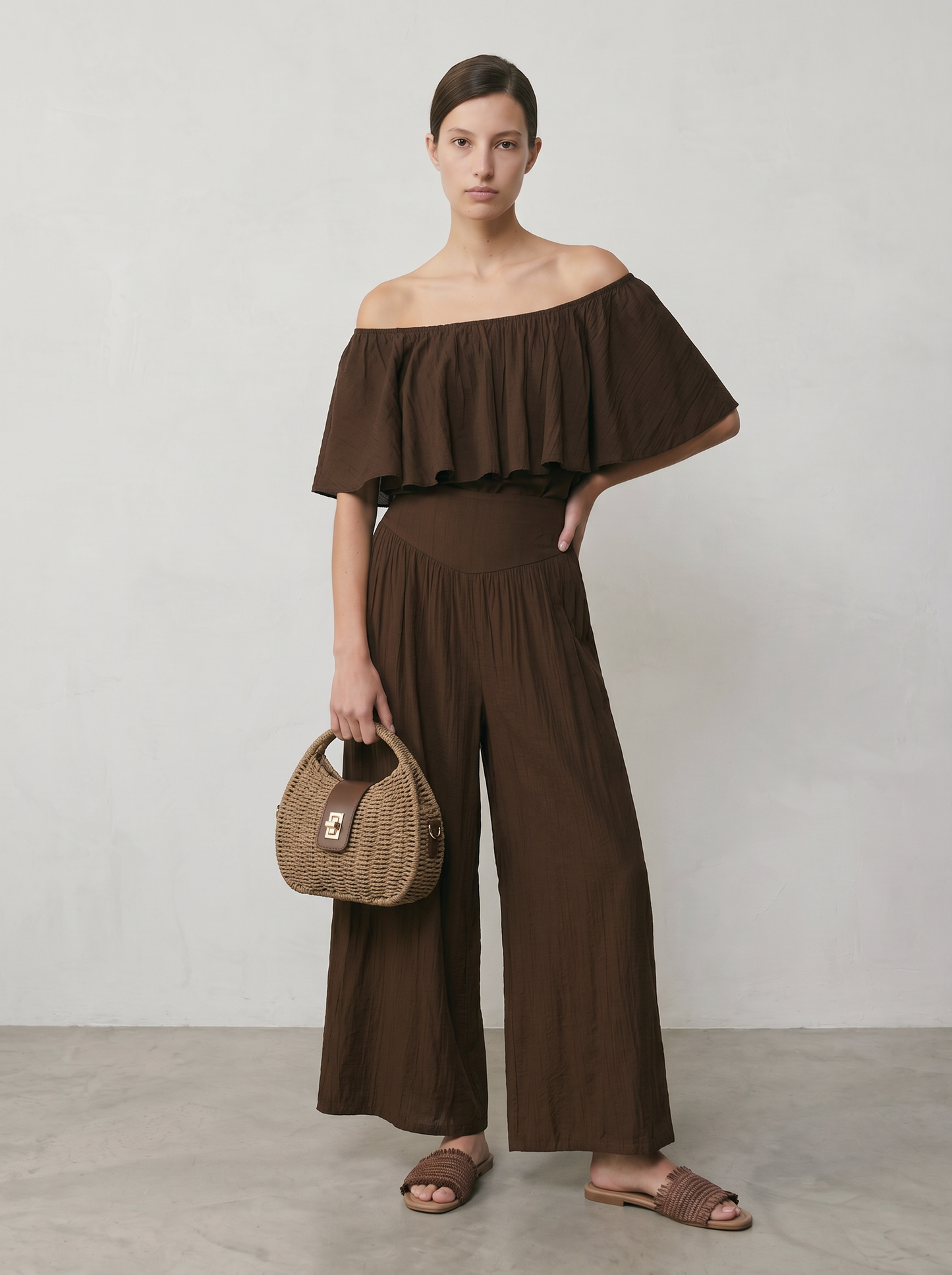 Pantalone viscosa largo con bustino - Moro