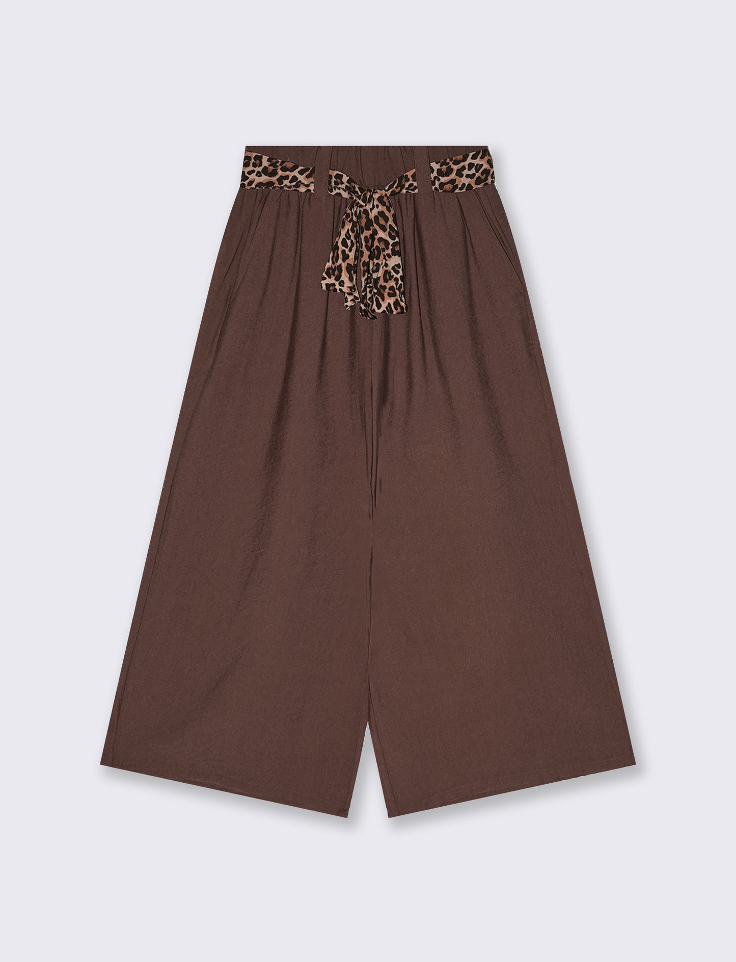 Wide leg pants with elastic and animal print belt - Brown