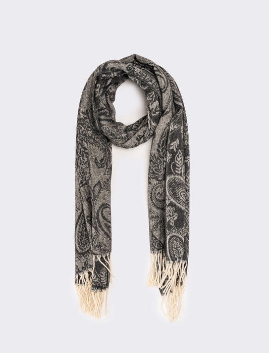 Sciarpa stampa paisley con frange - Nero