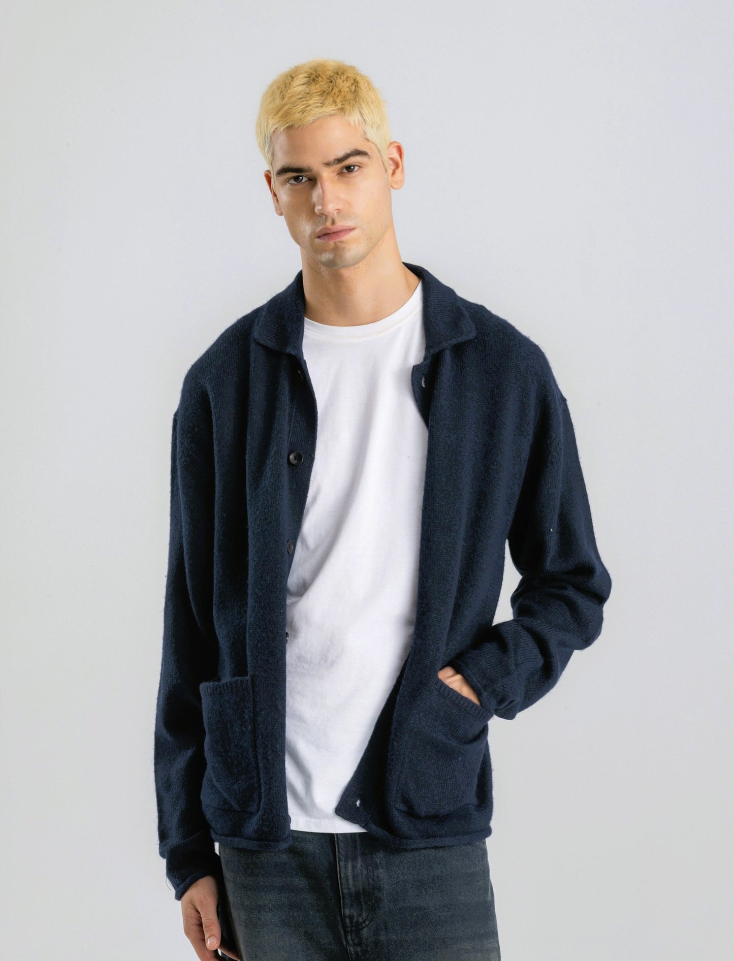 CARDIGAN IN MAGLIA CON COLLO CAMICIA - Blu
