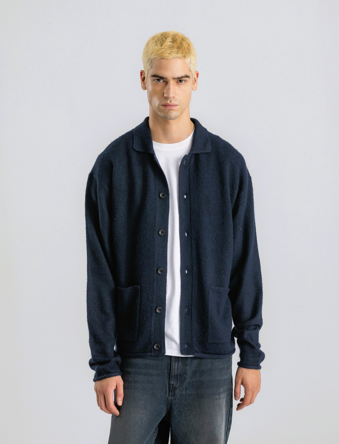 CARDIGAN IN MAGLIA CON COLLO CAMICIA - Blu