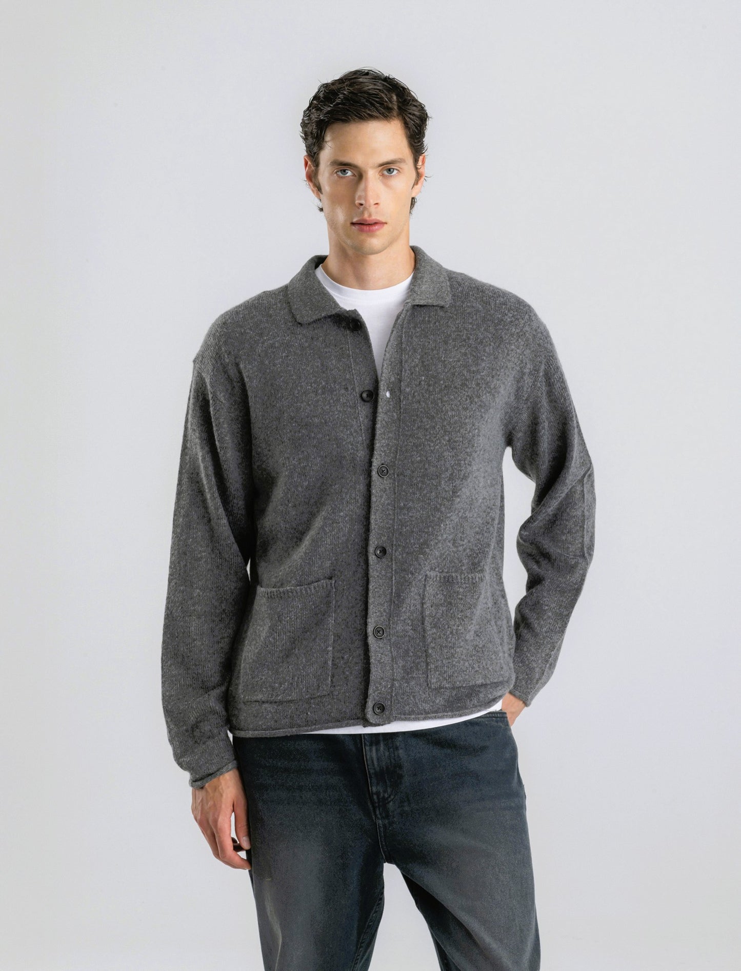 CARDIGAN IN MAGLIA CON COLLO CAMICIA - Grigio mel.