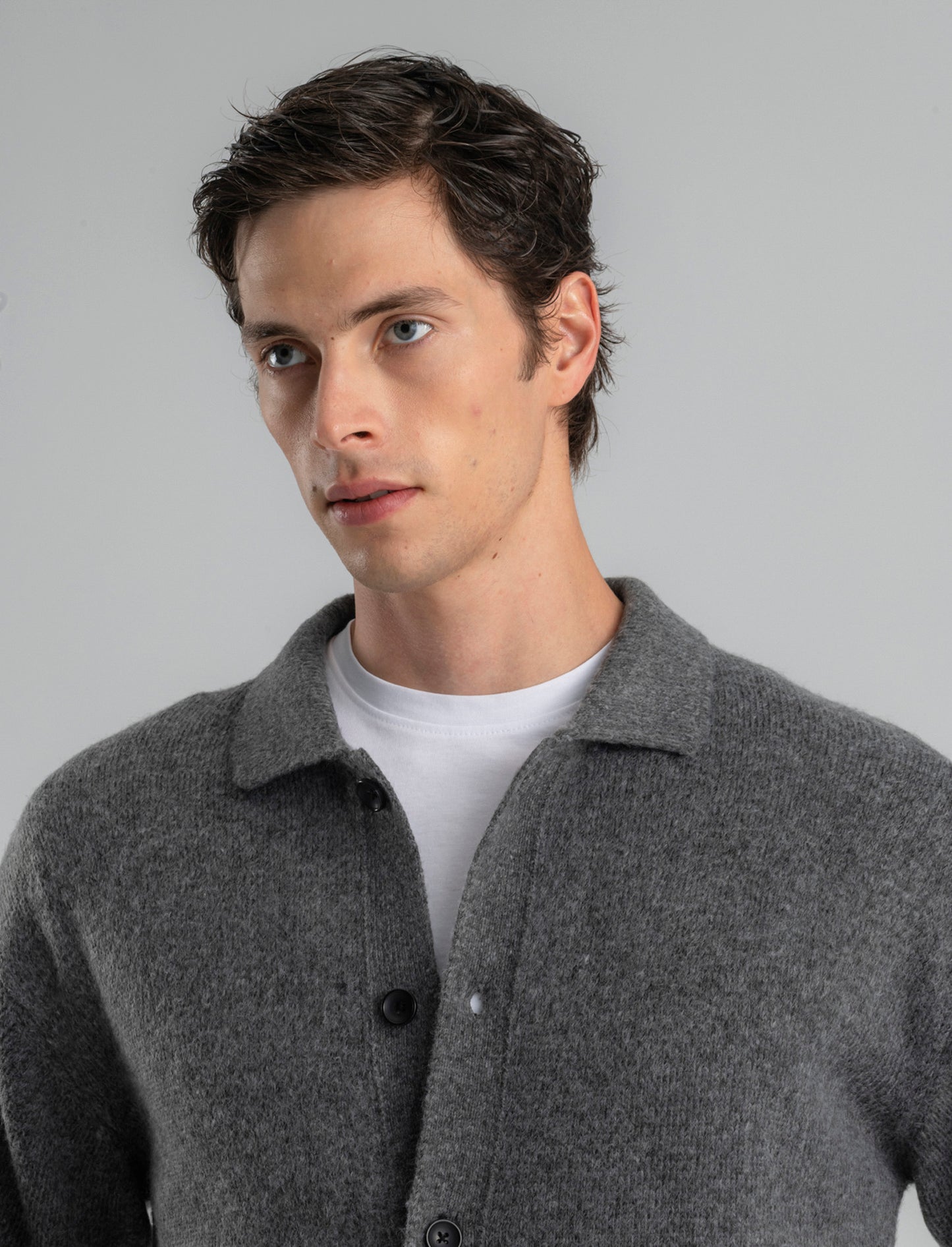 CARDIGAN IN MAGLIA CON COLLO CAMICIA - Grigio mel.