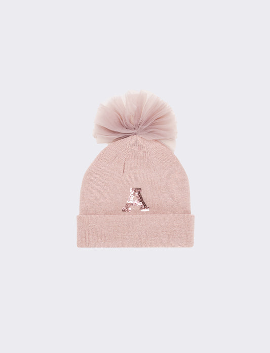 Cappello con fiocco in tulle e lettera paillettes - Rosa
