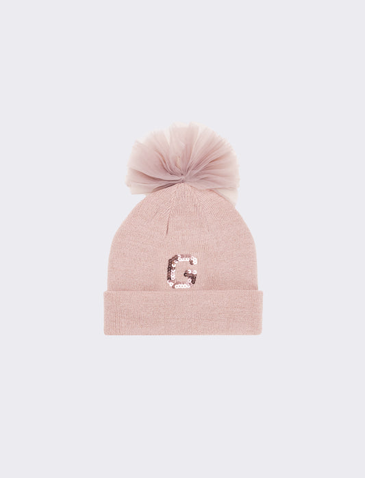 Cappello con fiocco in tulle e lettera paillettes - var 3