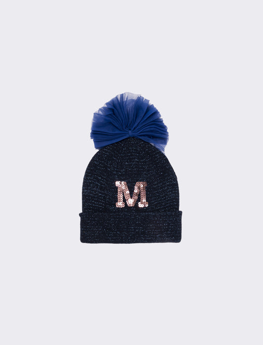 Cappello con fiocco in tulle e lettera paillettes - Blu scuro