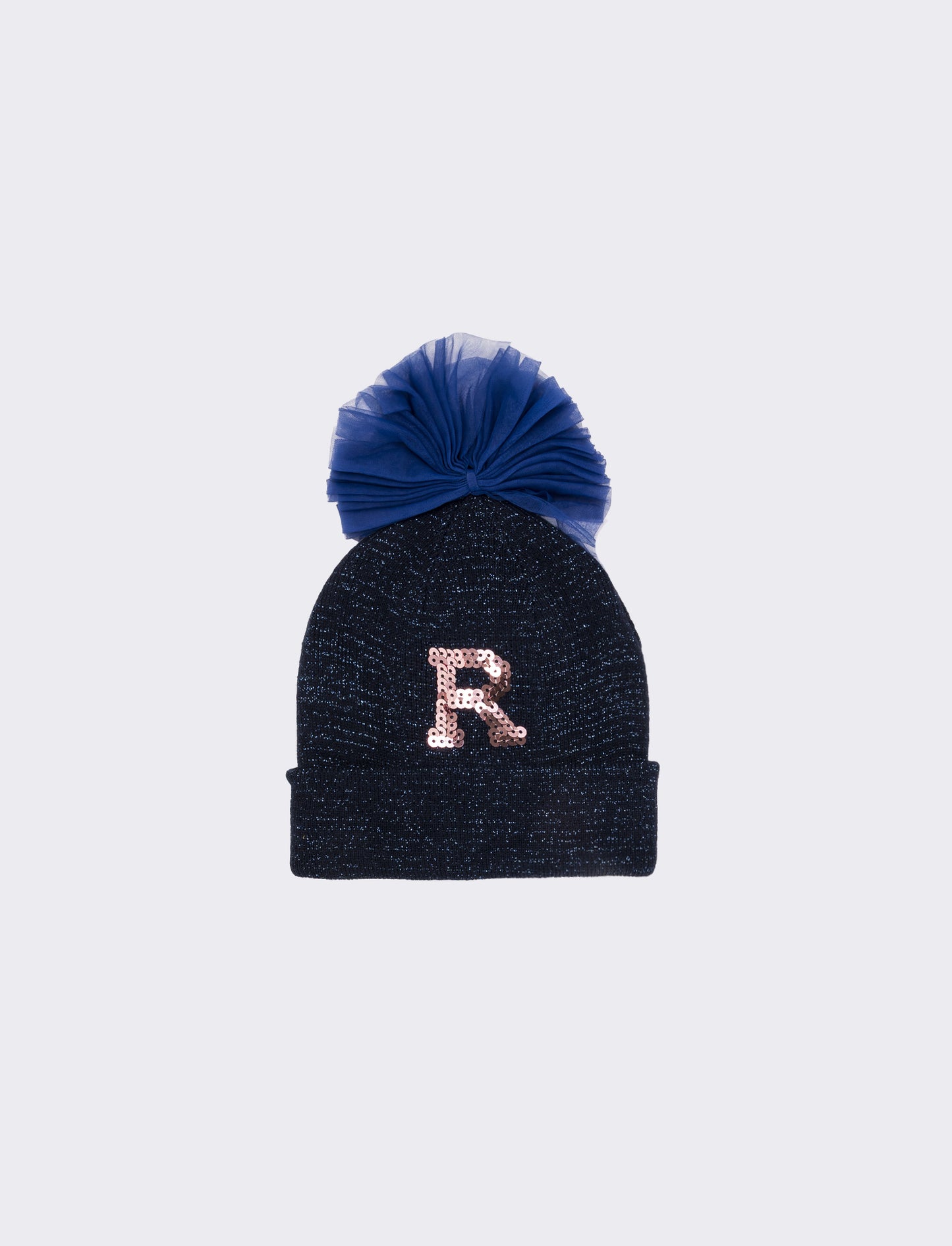 Cappello con fiocco in tulle e lettera paillettes - Blu-rosa