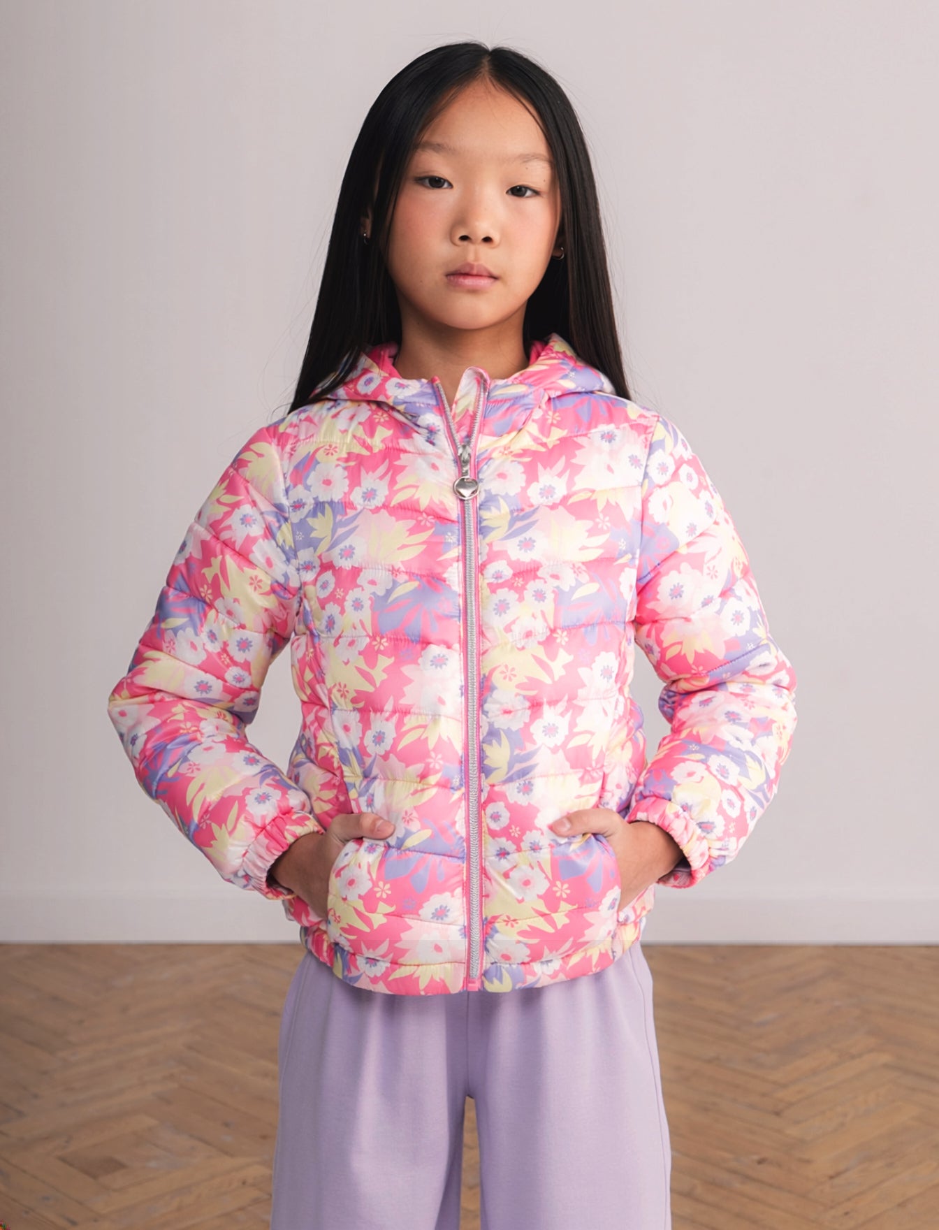 Girls' puffer jacket with hood - Multicolor