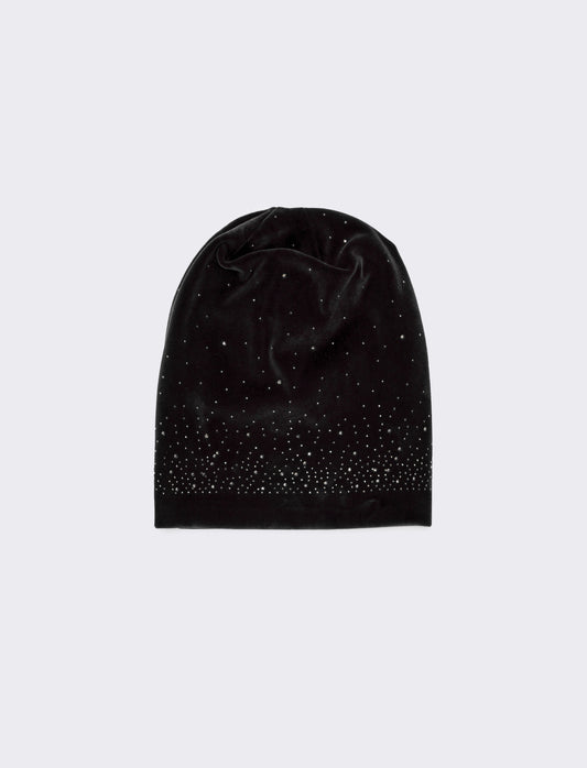 Cappello cuffia in velluto con strass - Nero