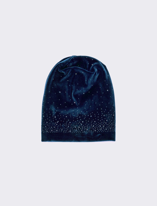 Cappello cuffia in velluto con strass - Blu