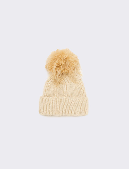 Cappello con pon pon pelo lungo donna - Beige