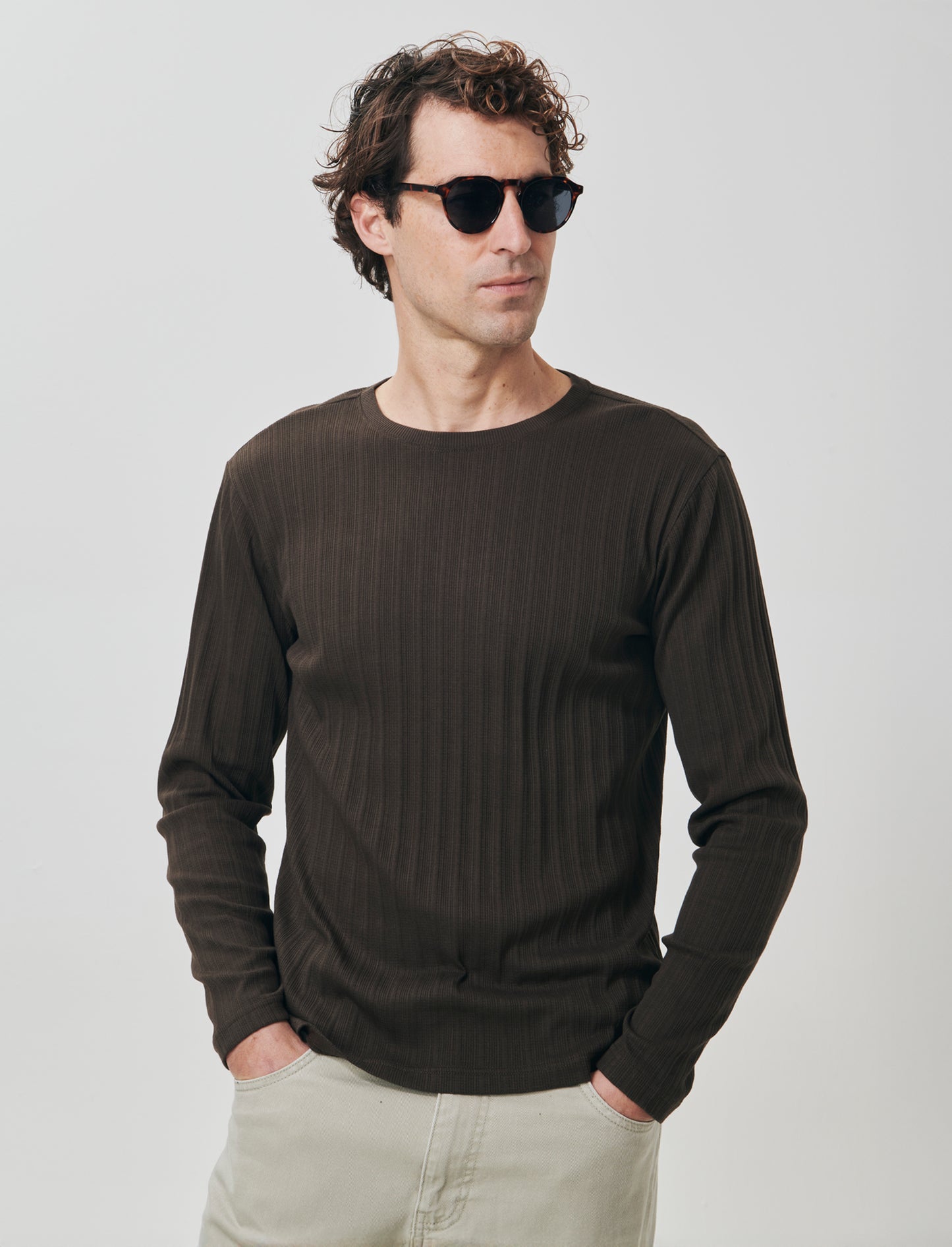 Long sleeve jacquard crew neck sweater - Brown