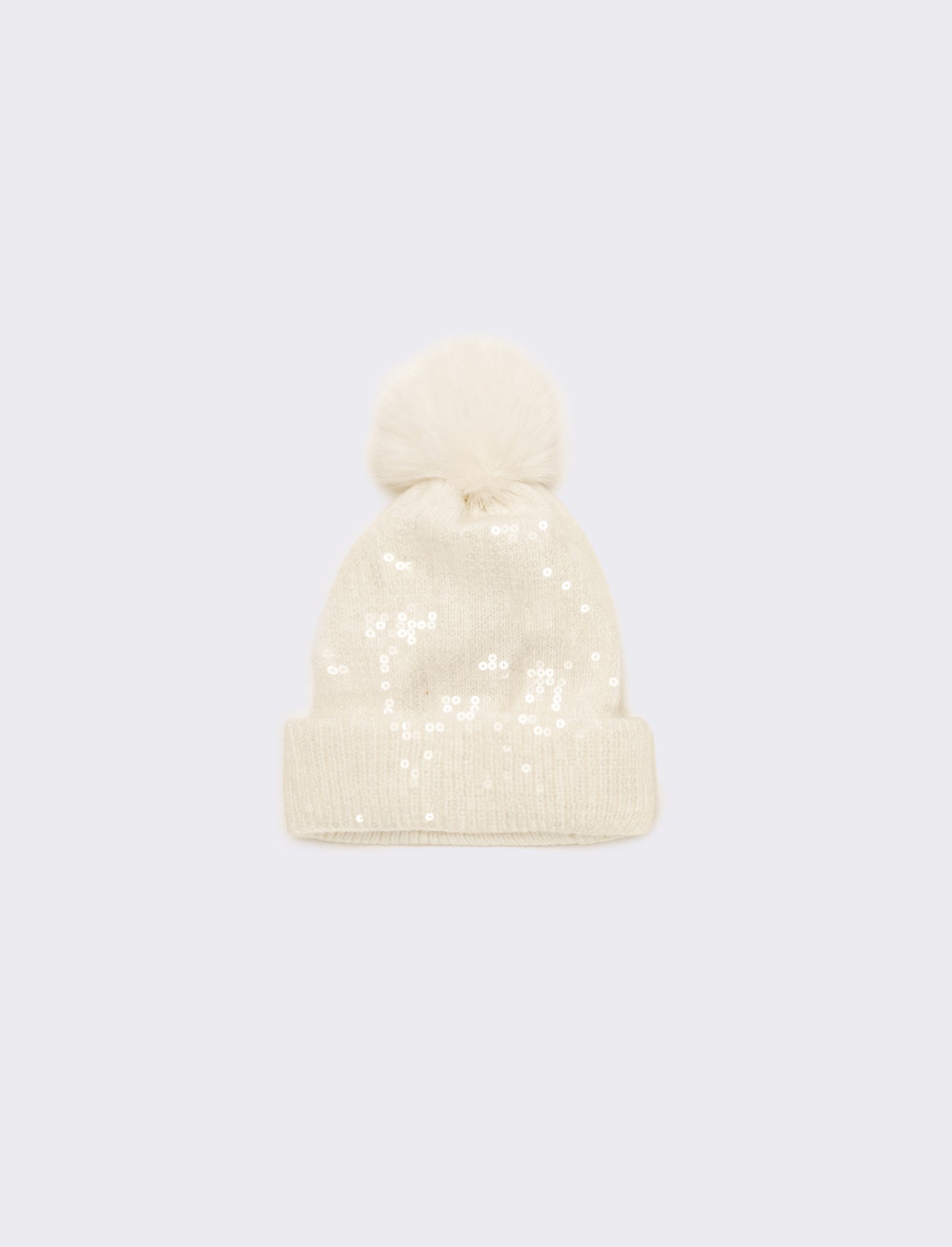 Cappello con pon pon e paillettes - Bianco
