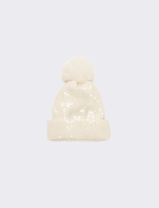 Cappello con pon pon e paillettes - Bianco