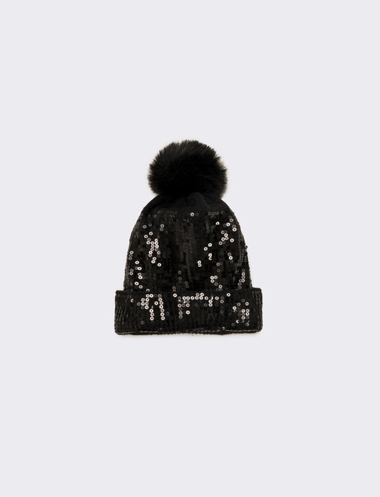 Cappello con pon pon e paillettes - Nero