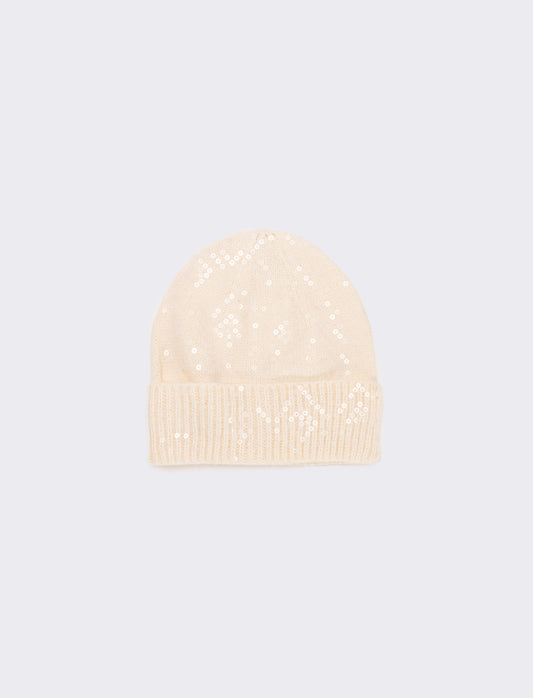 Cappello paillettes trasparenti con risvolto - Bianco panna