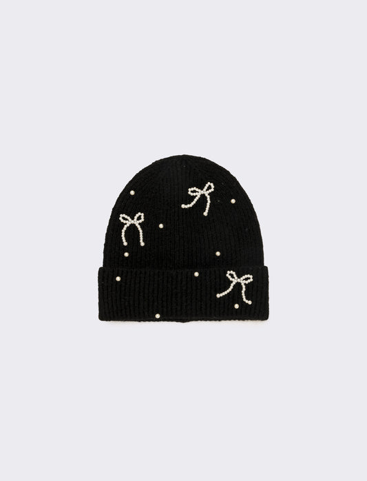 Cappello con fiocchetti in perle - Nero