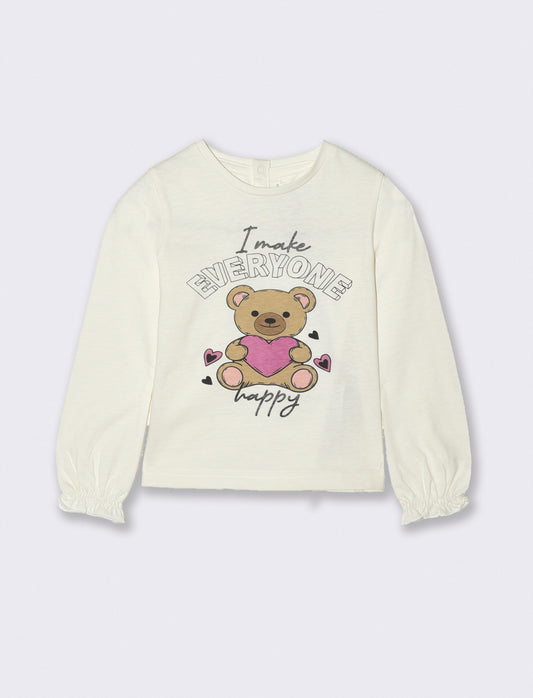 T shirt manica lunga con stampa - Bianco panna