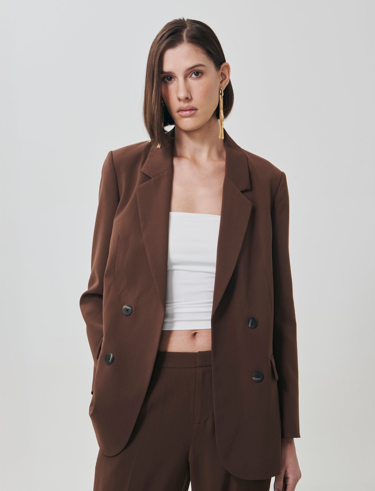 Open Jacket with Decorative Buttons and Pockets - Brown