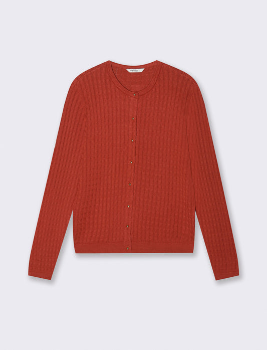 Cardigan a Treccia con Bottoni e Maniche Lunghe - Ruggine