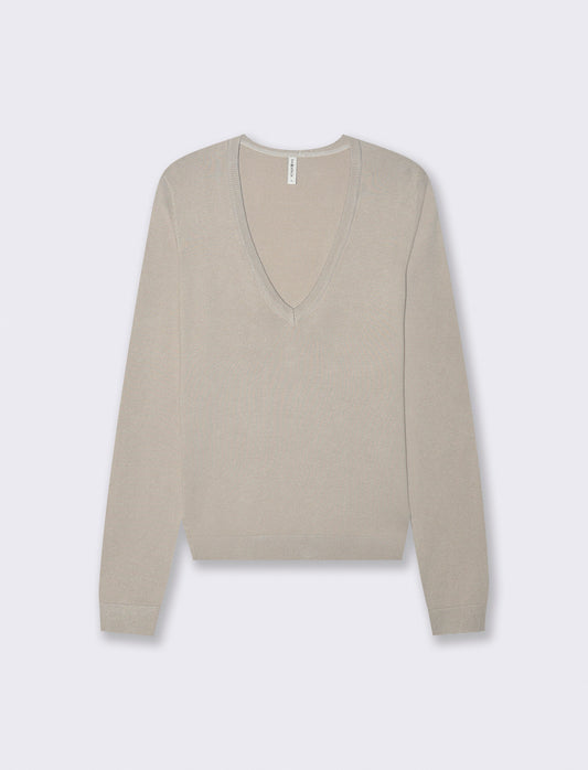 Maglia Manica Lunga Scollo a V - Beige grano
