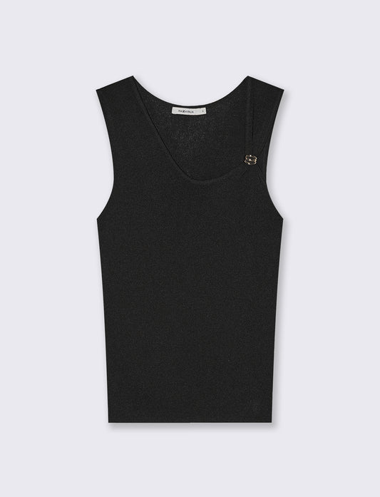 Top in Maglia con Scollo Asimmetrico e Gioiello - Nero