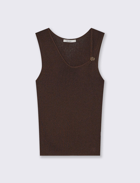 Top in Maglia con Scollo Asimmetrico e Gioiello - Marrone cioccolato