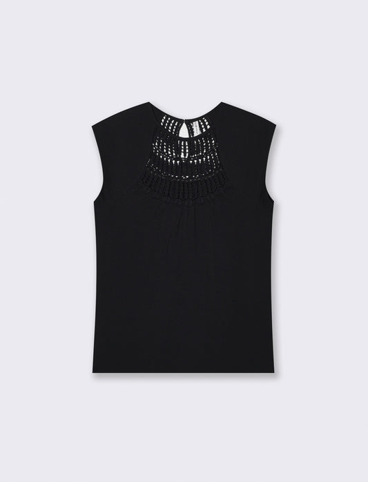 Top con pizzo e inserti sullo scollo - Nero