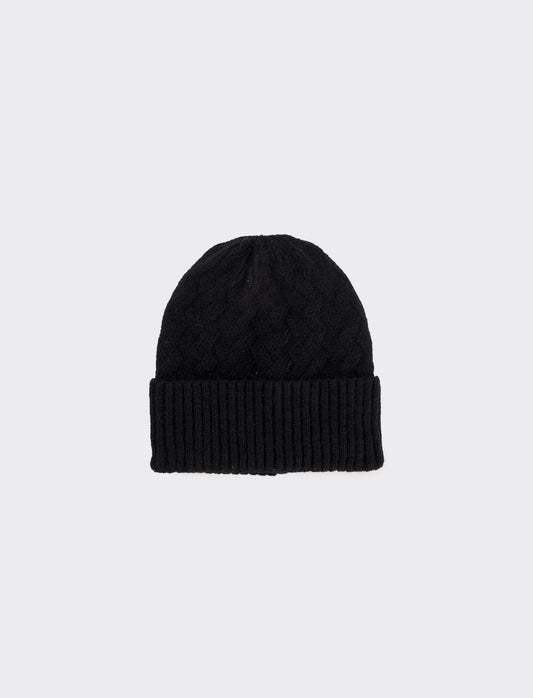 Cappello cuffia con intreccio e risvolto - Nero