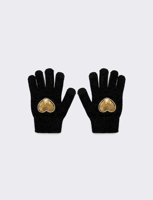 Guanti bambina con cuore paillettes - Nero
